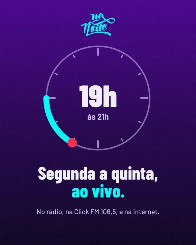Relógio com o arco das 19h às 21h destacado em ciano. Texto: "19h às 21h. Segunda a quinta, ao vivo. No rádio, na Click FM 106,5, e na internet."